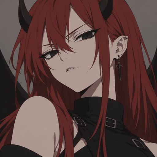 Demon girl with red hair and black eyes and pale skin