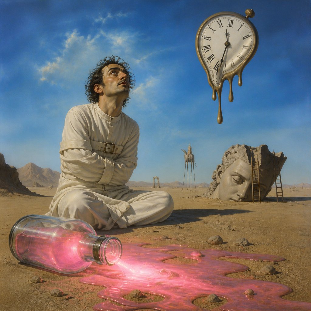 Mellowed madness - guy in a straight jacket with a spilled bottle of tranquilizer