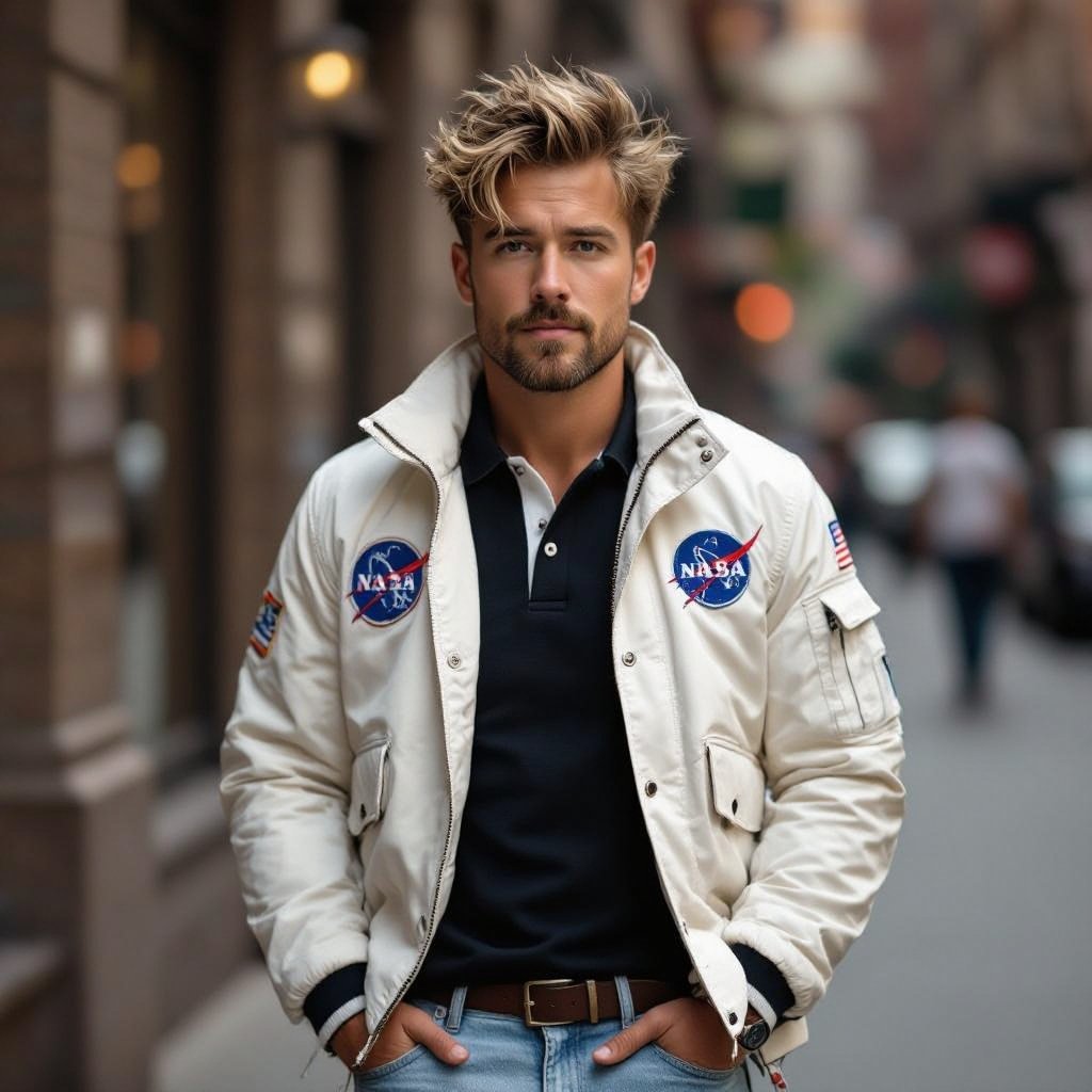 man with Dirty Blonde Unkempt Hair and Goatee. Astronaut Flight Jacket Black And White Polo and Light blue denim jeans with red sneakers