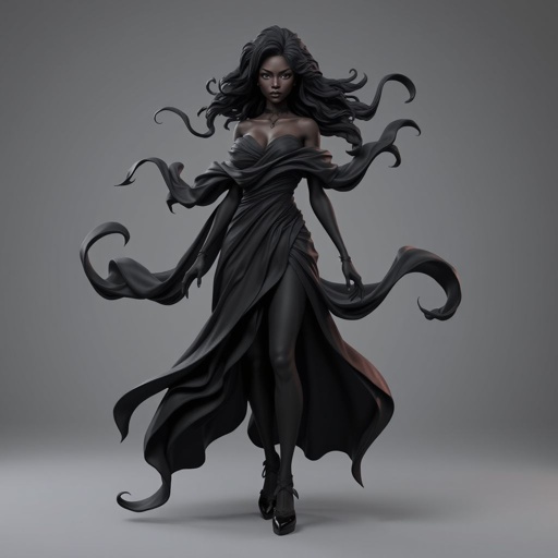 Create character hero Veyra of Shadows – A lithe, mysterious black woman draped in layered black silks that move like smoke around her. With jet-black hair. Show her whole body head to toe including her shoes.