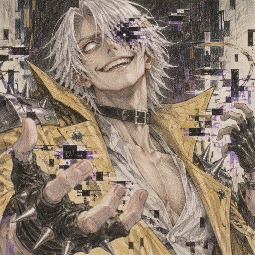 Male, cheekbones, white hair, smooth on top spiky on the bottom, neck length, white eyes, yellow trench coat, metal spike shoulder pads, black choker, low cut white shirt, fingerless gloves with spikes, insane smile, glitch powers, one missing glitchy eye