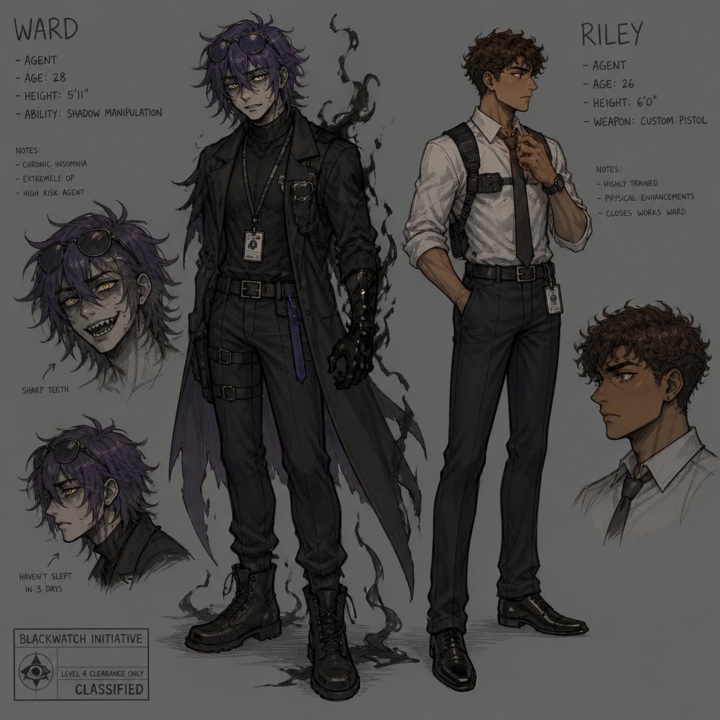 Anime Agent ward,poof up messy hair half side a longer and drooped down,light deep purple hair black tips,made in a secret lab to be the best weapon and solver, has to be kept in check by lab facility,and they have an emergency back up incase he gets out of control,glow yellow night vision eyes,sharp teeth,sunglasses on head,cares about his partner but doesn’t admit it,likes making jokes, can be reckless mischievous and dangerous,extreme dark powers from lab experiment,best agents,late 20s,thin,exhausted mischievous and reckless,jokes to hide exhaustion,coffee,hates people telling him what to do especially with sleep,intimidating.Partner Riley has brown hair a little above neck curly,brown eyes, serious,goes by the rules, gets annoyed by ward is also concerned about him try’s to convince him to rest sometimes works,doesn’t like his jokes during work