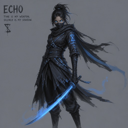 assassin name echo, time power, light blue eyes, blue shadow katana