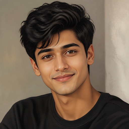Young man. Black hair. Brown eyes. Kind face. No facial hair. Soft smile. 