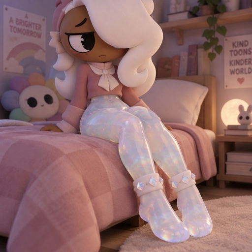 Ginger from dandy’s world in her room sitting on her bed as her hips and waist turn into opalite like her feet and legs before with her wearing her socks which have opalite crystals around the white part around her ankles