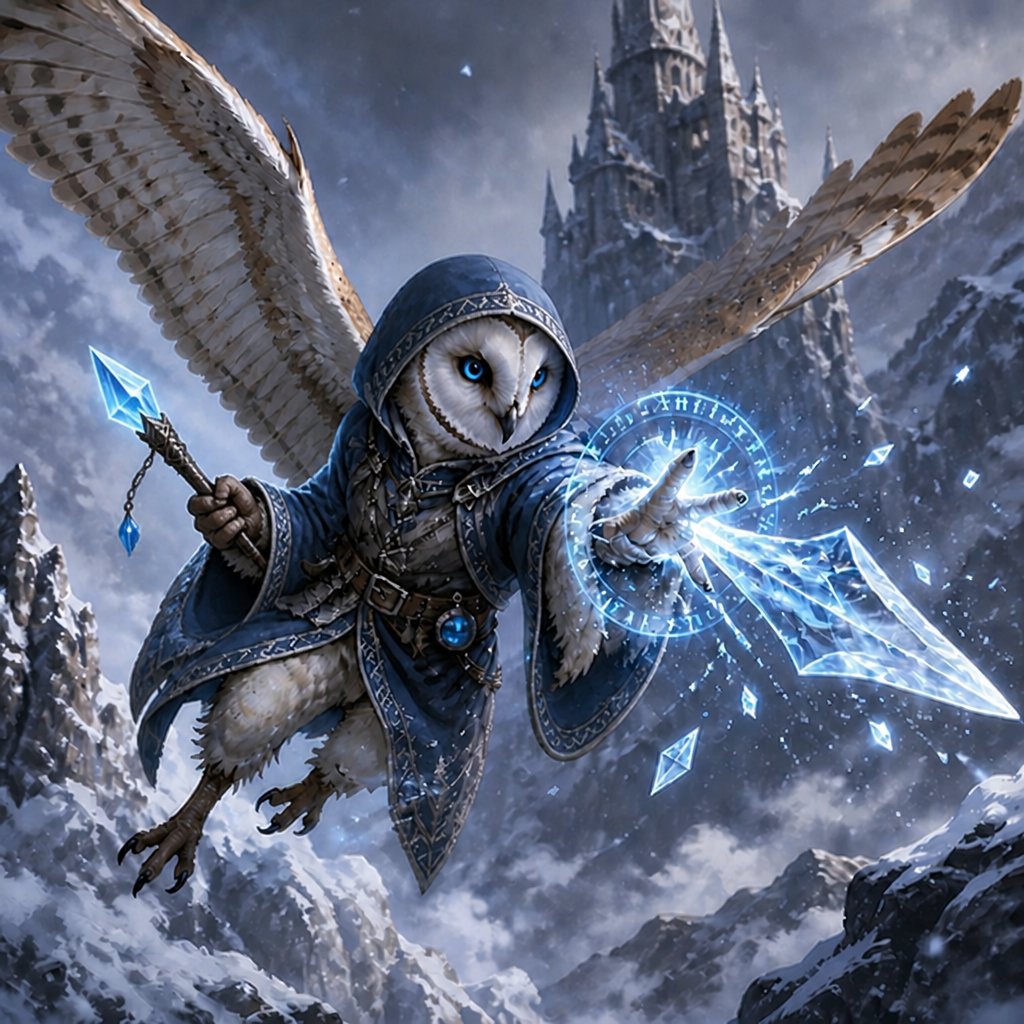 an owl with a sword in its hand in front of a castle