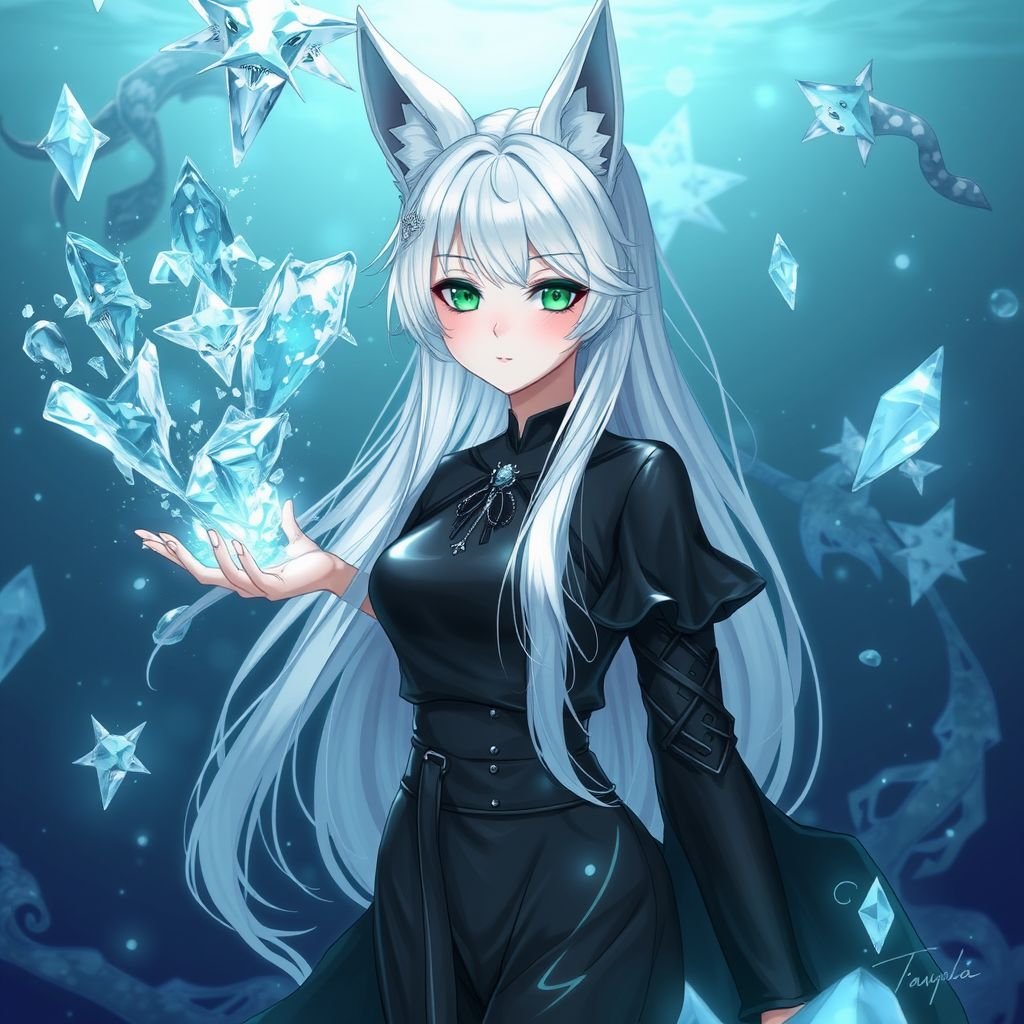 A teenage girl with pale skin and emerald eyes wearing black royal top and trousers with long white hair and small fox ears conducting ice in the depths of the ocean