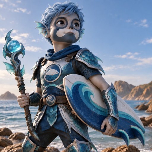 a cartoon character holding a spear and a shield
