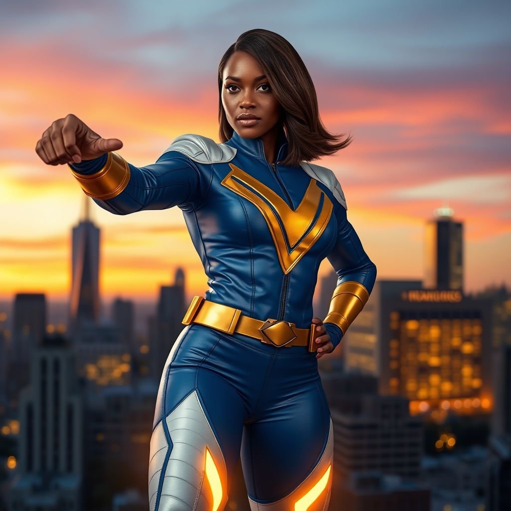 African American female superhero with shoulder length hair in a side part style and  wearing a homemade leather white and blue suit with gold accents and blue pants with a stylized V as her chest emblem wearing gold flat boots  made of gold fire standing in Philadelphia at dusk