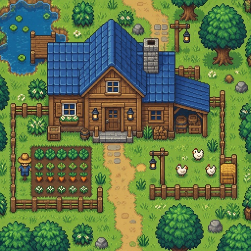 cozy Farmhouse, for a modern fantasy game, exterior, top down style