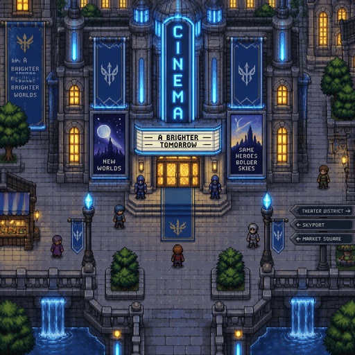 Movie theater for a futuristic fantasy city game, exterior, top down style