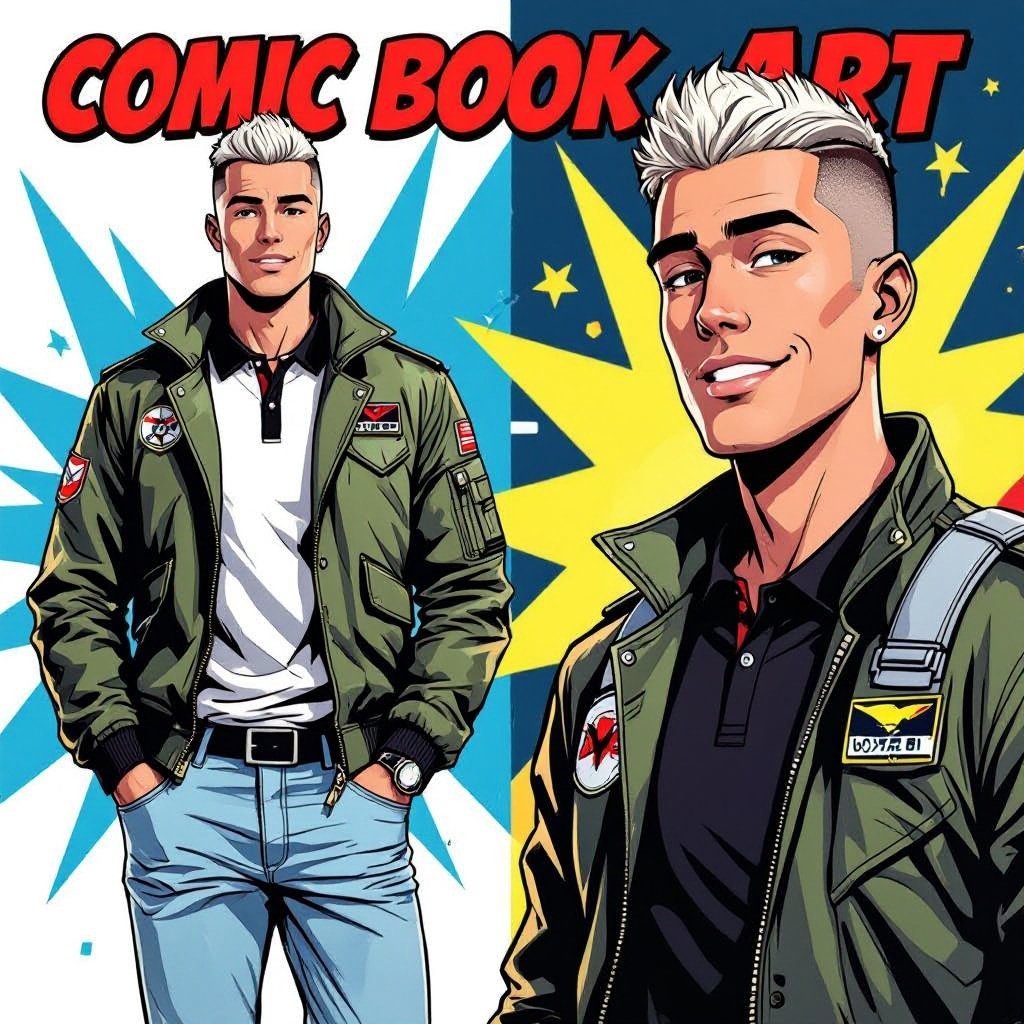 man with Platinum Blonde Military Buzzcut Hair. Astronaut Flight Jacket Black And White Polo and Light blue denim jeans with red sneakers