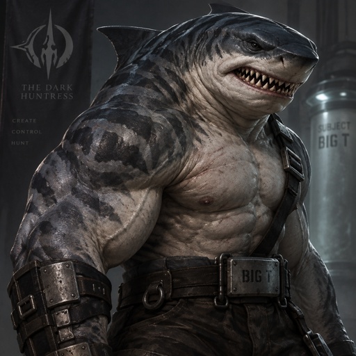 A villain, his name is Big T, Tiger shark, created in the labs of the Dark huntress. He is muscular, 