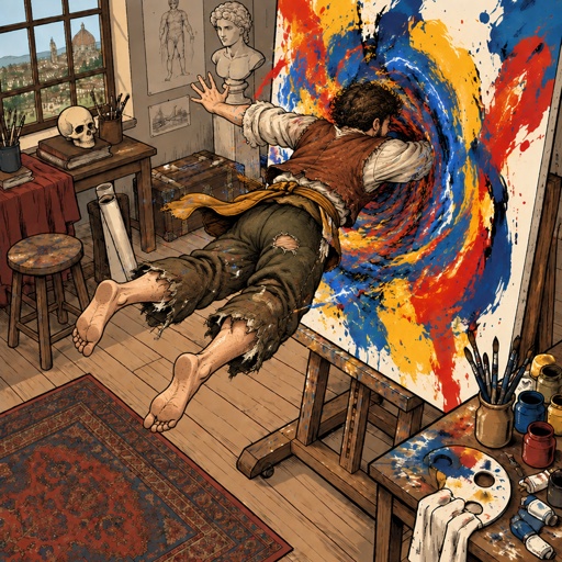 a painting of a man falling off of a painting on a easel
