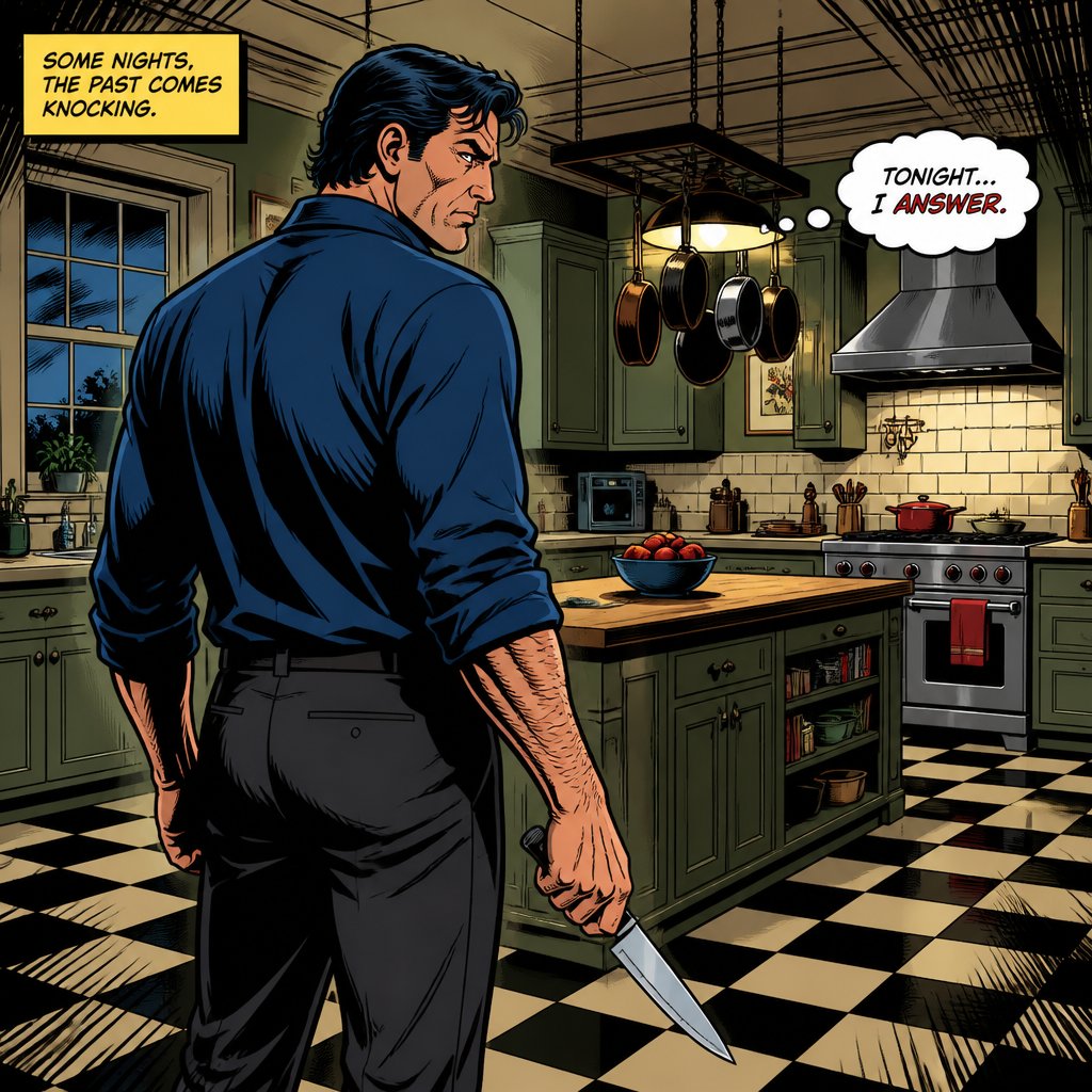 Three-quarter rearview of a large kitchen, knife, pointing downward