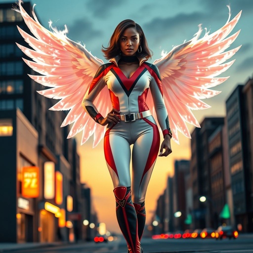 African American female superhero with shoulder length hair in a side part style and wings made of white fire wearing a slightly homemade white red and black suit with black pants with a stylized V as her chest emblem wearing red flat boots made of gold standing in Philadelphia at dusk