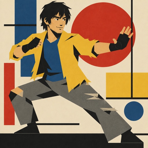 Male, Asian, black messy neck length hair, bangs, hair covering ears, light stubble, smile, yellow frayed jacket, grey ripped jeans, blue shirt, gloves, Martial arts