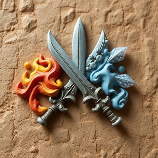 2 swords crossed no human with fire and ice coming from them