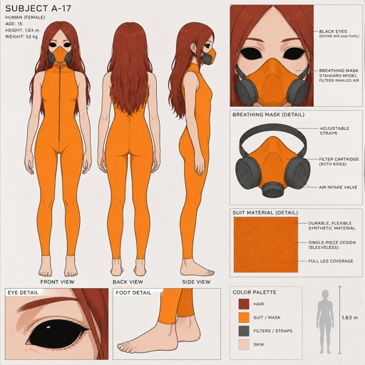 Female wearing an orange one piece legs covered sleeveless feet showing, red long hair, completely black eyes, orange breathing mask, 15 years old 