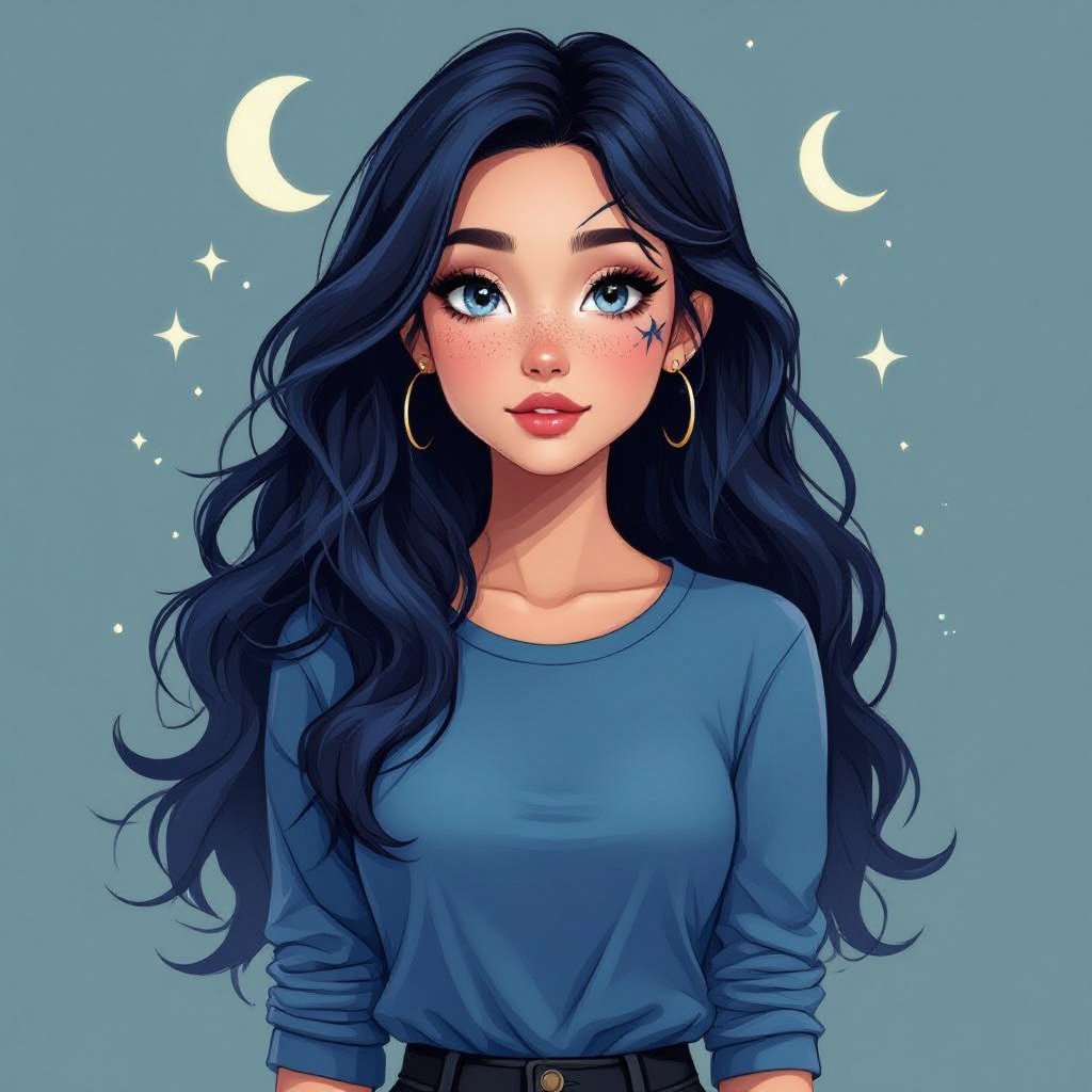 She has waist length hair. Her hair is dark blue fading into black.  She has star freckles and eyebrow scar on her right eyebrow side closest to her nose she has a crescent moon birth mark behind her left ear close to the ear lobe. Her eyes are a smoky grey she is 4’8. She has a blue long sleeve shirt with black pants 