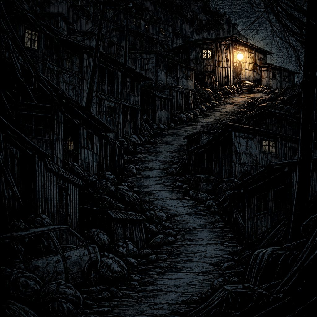 No caricature no speech bubbles a poor crowded slum at night with a road winding uphill. It is very dark in menacing near the top of the hill is a shack with a light all else is dark.