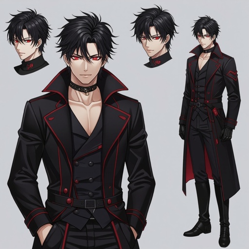 Please create a man, crimson red piercing eyes, sharp smirk, black hair in a mullet like hair style but not spiky. Strong cheekbones but not too strong. Muscles but not too strong, wears a black coat with crimson accents and black leather gloves, let us please see the entire body