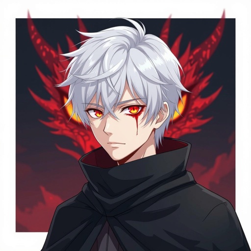 A man in a black cloak hiding his appearance in a veil of darkness behind the veil of his cloak is a single open blood red dragon eye were his left eye would be