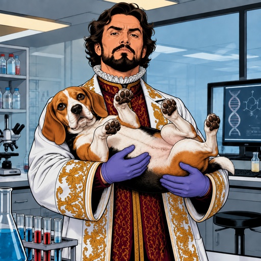 a man in a lab holding two dogs