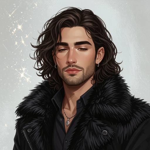 Młody mężczyzna o długich, lokowanych,  ciemnobrązowych, włosach. z krótkim zarostem.  ciemne oczy. Ubrany w czarną futrzaną kurtkę. Wąskie usta. Bez kolczyków. Pyzaty. Przymknięte oczy. Jasna kaukaska karnacja