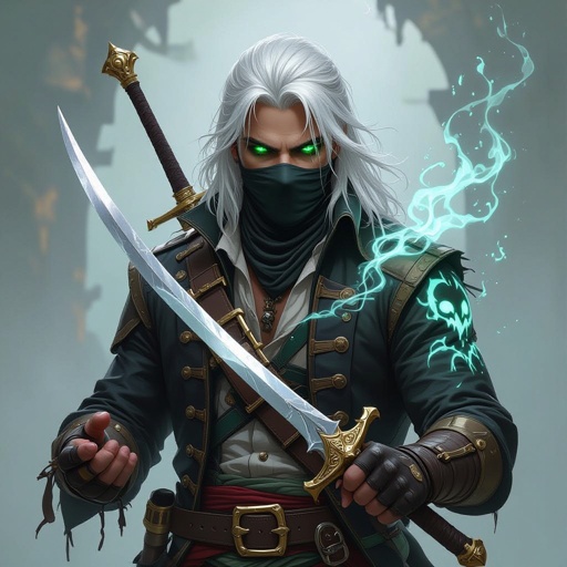 5’7 tall platinum hair almost white bright green eyes human keeps face covered 130 lbs Ghost form tattoo on right arm Duel wielding crystal rapier blades rouge pirate captain