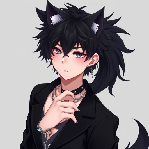 Create in anime style, a young adult, pale skinned, gothic male human wearing black attire and has werewolf features including werewolf’s ears and werewolf’s claws and a werewolf’s tail.