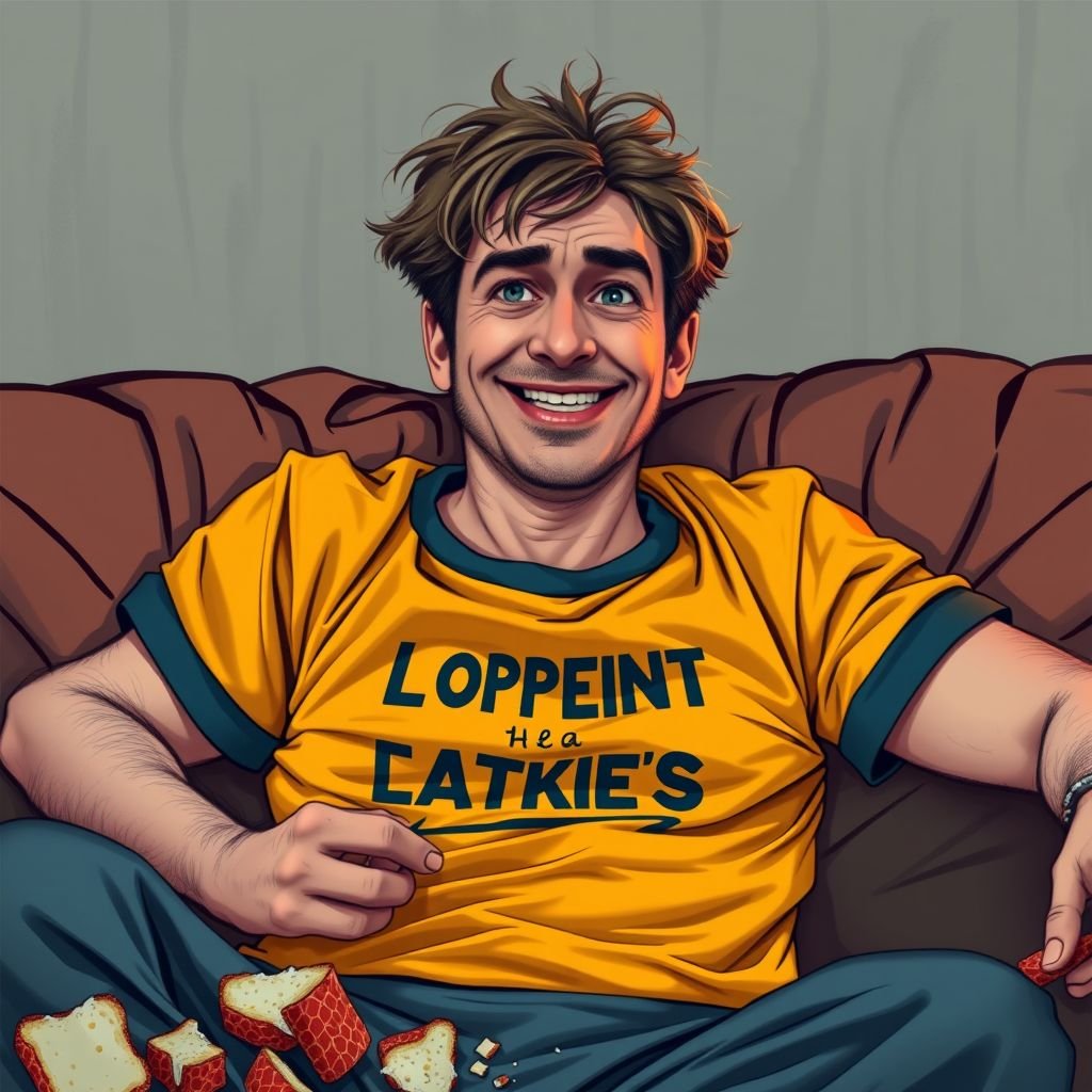 Create mid 30 character who is lazy as heck. And you could tell from his face and his entire outfit. Make is funny and the style of the graphic photographic