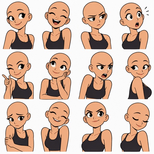 Different face expressions female half body drawing base, dynamic, bald, head face expressions different directions