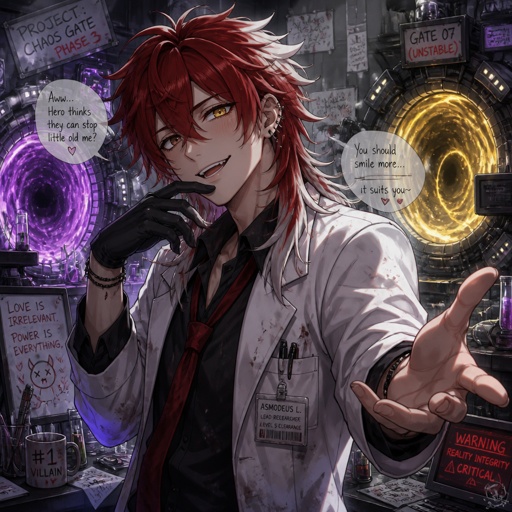 Villain mad scientists, lab coat, clean shaven, looks like a mess,very flirty, hair style called "I've never seen a hair brush in my life" messy Wolf Cut hair color is red with white tips would rather die than be saved by the hero, "I don't need one for I AM a weapon of mass destruction, likes to mess with the hero teasing her, has invented machines that lead to portals ,two different eye colors one brown the other golden 