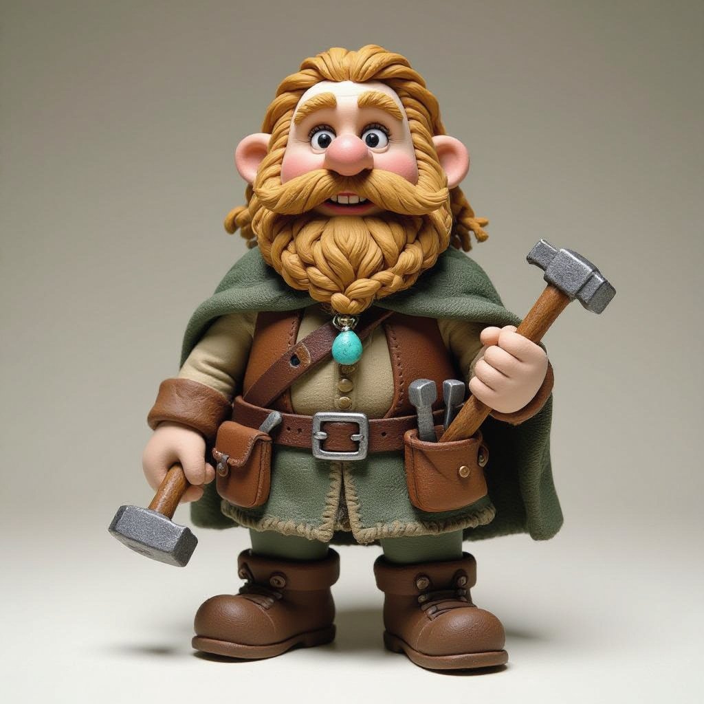 Create a stocky dwarf with a weathered face, braided beard tucked into his belt, and straw-tousled hair. Wears a soot-stained cloak over a leather smith’s vest, tool belt with hammer and chisels, heavy boots. Subtle turquoise rune glow from a pebble at his neck,