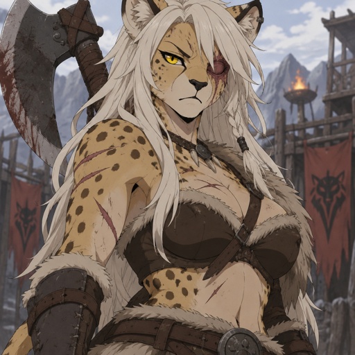 Female cheetah furry, missing left eye, yellow right eye, covered in scars, long white hair, beautiful, fur armor, battle axe on back