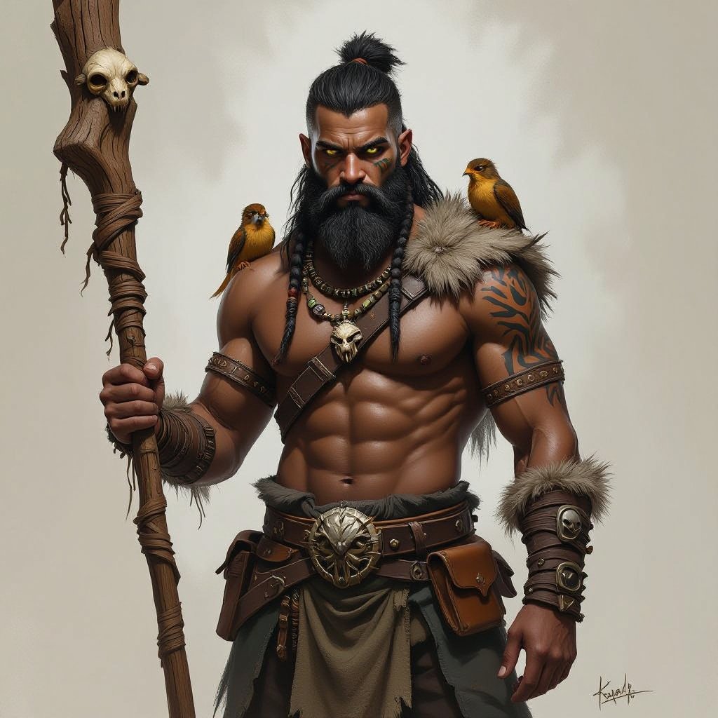 Kael the Beastbound – A rugged, broad-shouldered man with black skin and a rough beard, wearing armor made from bone and leather. deep green eyes tattoos of animal tracks spiral down his arms. He carries a massive wooden staff carved with the shapes of beasts, and small creatures often perch on his shoulders or follow at his feet.