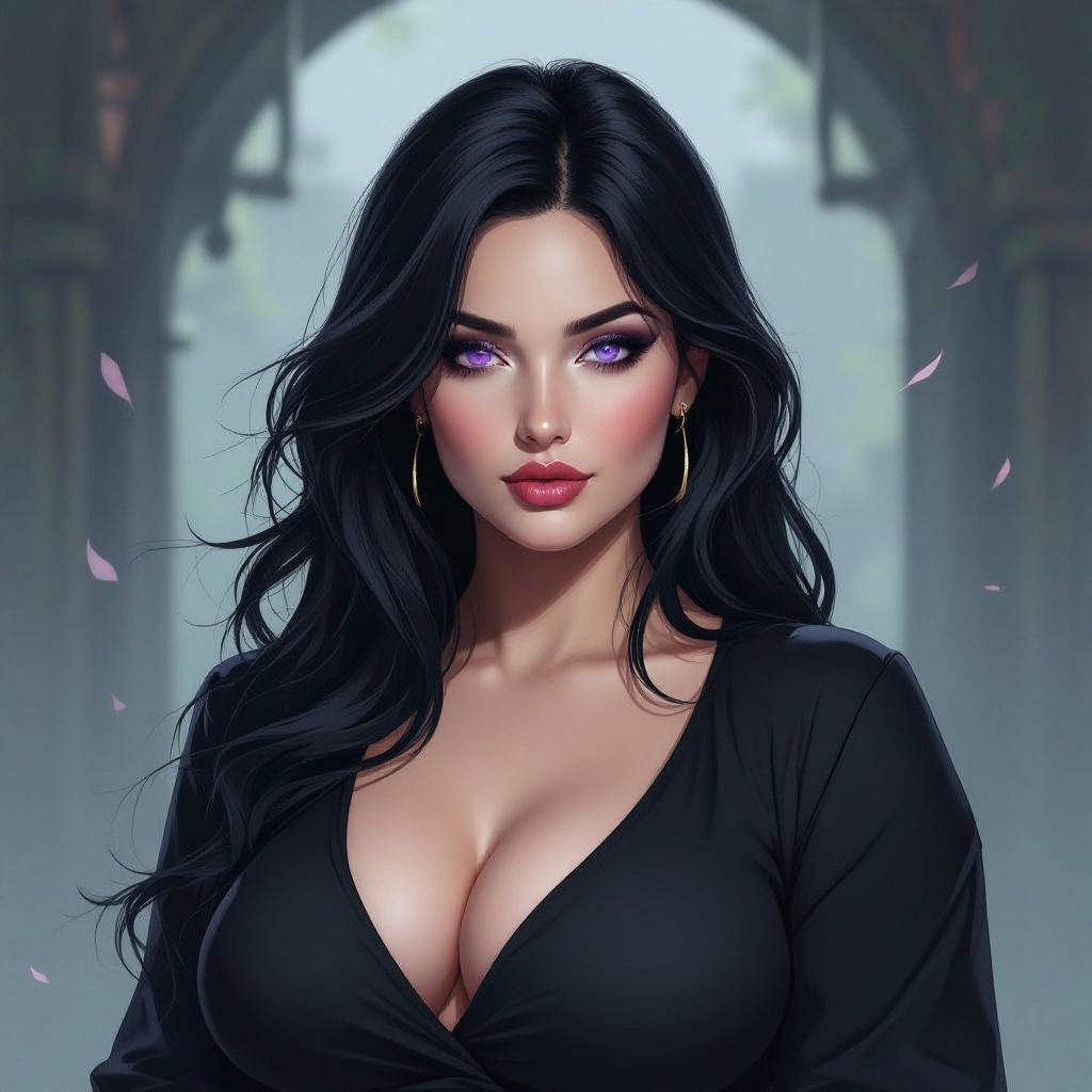 Create fat mysterious woman jet-black hair is cut sharp to her jawline, and her violet eyes seem to pierce through darkness. A shadowy aura clings to her form, faint shapes shifting and flickering behind her like whispers of another realm. Show whole body head to toe