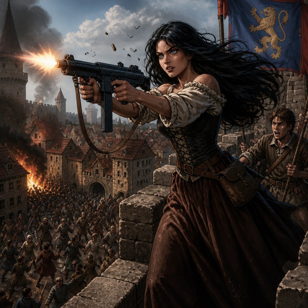 a woman holding a gun in front of a crowd of people