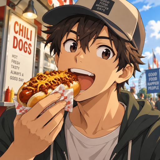 Man, Hat, Hot Dog Chili 