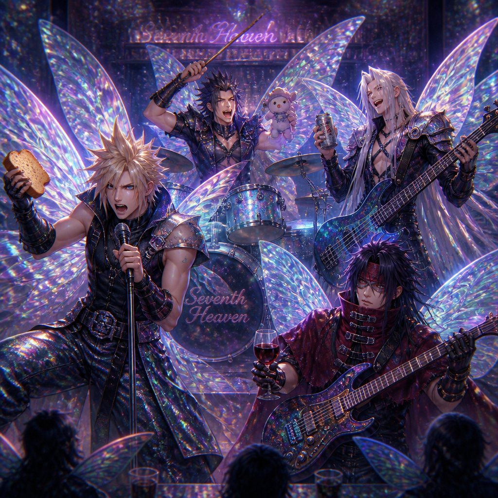 Cloud Zack Sephiroth and Vincent from ff7 as fairies cloud with singing heavy metal very aggressively while on the with bread and holding the microphone and Zack aggressively playing drums being cute with a stuffed toy Sephiroth aggressively playing base and laughing while drinking soda and Vince aggressively playing the guitar and holding wine on a stage in a bar