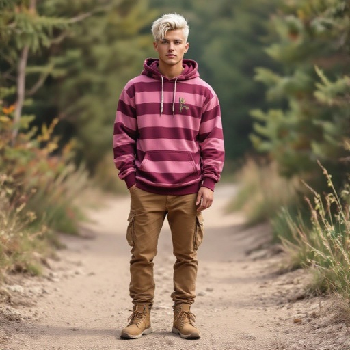 A 19 Year Old Man in Skinny corduroy. Pink and Maroon Striped Tactical Hoodie with Platinum Blonde Hair and an Undercut. Tan Hiking Shoes. In an Outdoor Walking Path. 