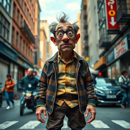 Create a funny looking paranoid man in the world, with a not so stylish outfit head to toe