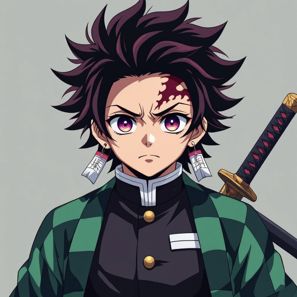 Demon slayer with black hair an black  chest shirt 