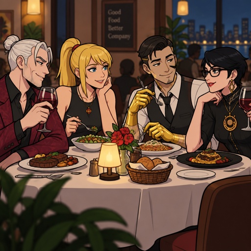 Kado Thorne from Fortnite clean shaven white hair medium length back hair bun pale skin, Samus Aran zero suit, Midas from Fortnite clean shaven not gold skin, Bayonetta from super smash bros short hair, all eating at a restaurant, all wearing casual clothes, double date 
