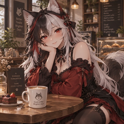 Wolf furry in nice red and black dress, waist length white and black hair with red highlights,  red eyes, cafe background 