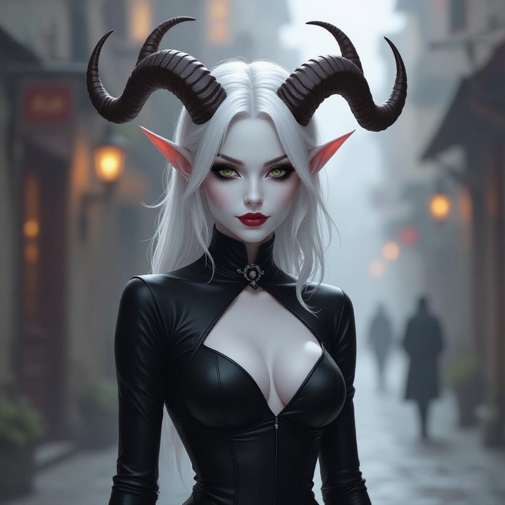 MIME MIME MIME Bleach White Skinned Tiefling with Silvery Brown Horns that end in a single point in a tight fitted mime OUTFIT tight Mime outfit. She is a Mime. Hot Mime. Mime