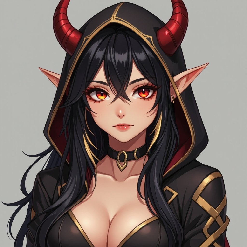 Create a 17 year old beautiful tiefling. She has long black hair with a streak of gold going through. She is very beautiful. She has one red eye and one black one. She has light tan skin and has skin coloured patterns. She has small horns and is very alluring. She is wearing skin tight long sleeves and trousers their and adventure clothes with a hood. She is 5’8 and 113  pound and very sexy with an hourglass figure. She also has a toned build