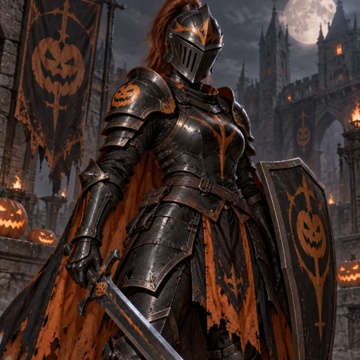 She’s called the Halloween knight wears dark armour with orange details on the armour and wears a medieval Knight helmet that matches the rest of her armour. 