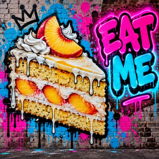 Slice of vanilla peach cake with a sign that says eat me 